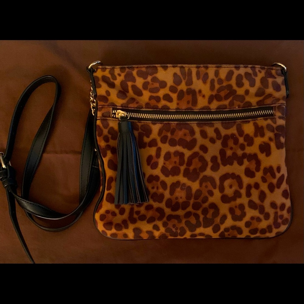 Leopard faux suede shoulder bag